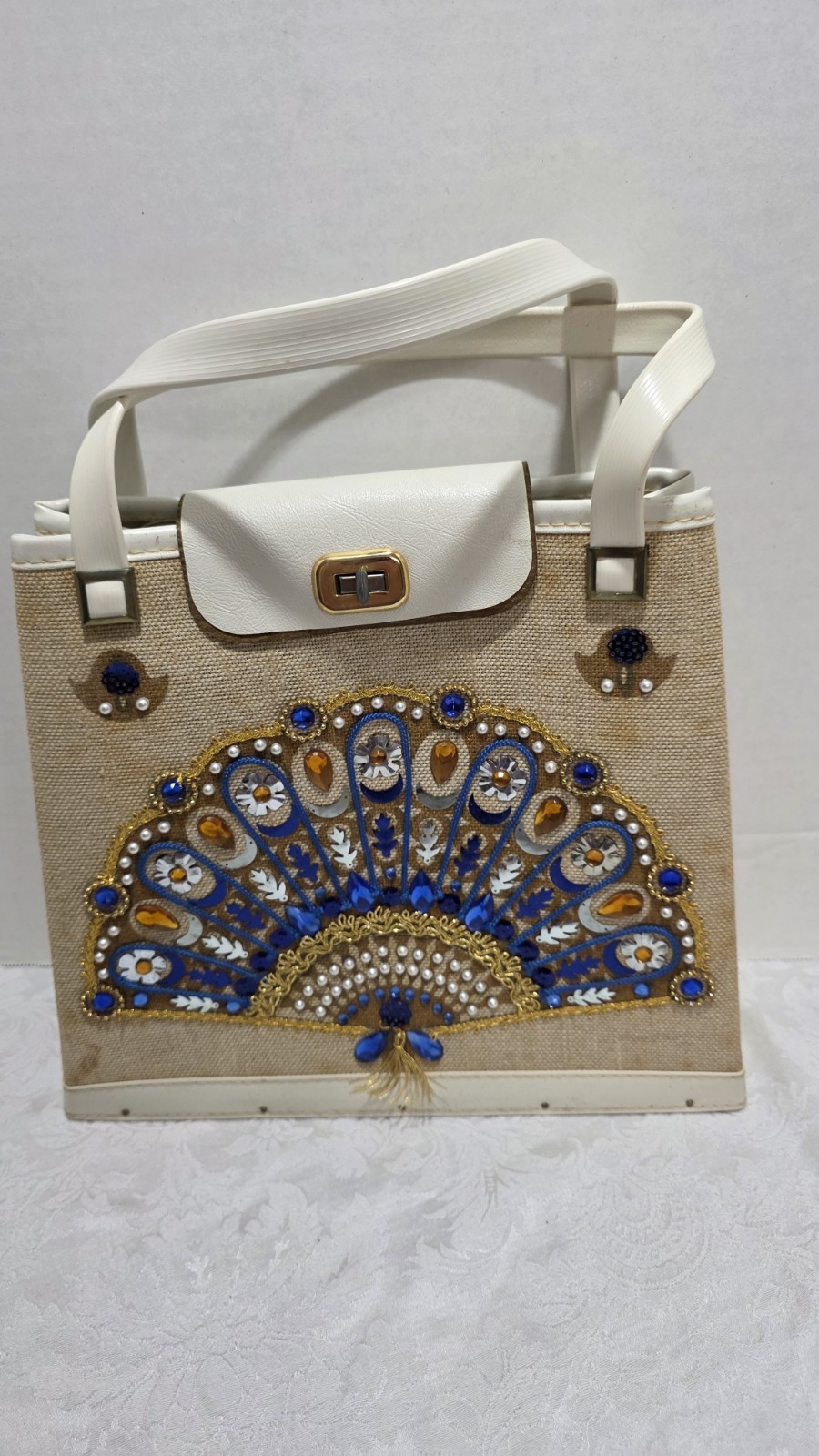 Vintage 1960\'s  Blue Jewel Tone Purse /Original Paperwork . Water Spots- Damage 