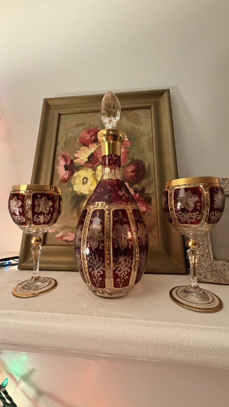 Vintage Czech Bohemian Ruby Crystal Decanter Set, 24K Gold, Hand Engraved Vintage Czech Bohemian Ruby Crystal Decanter Set, 24K Gold, Hand Engraved