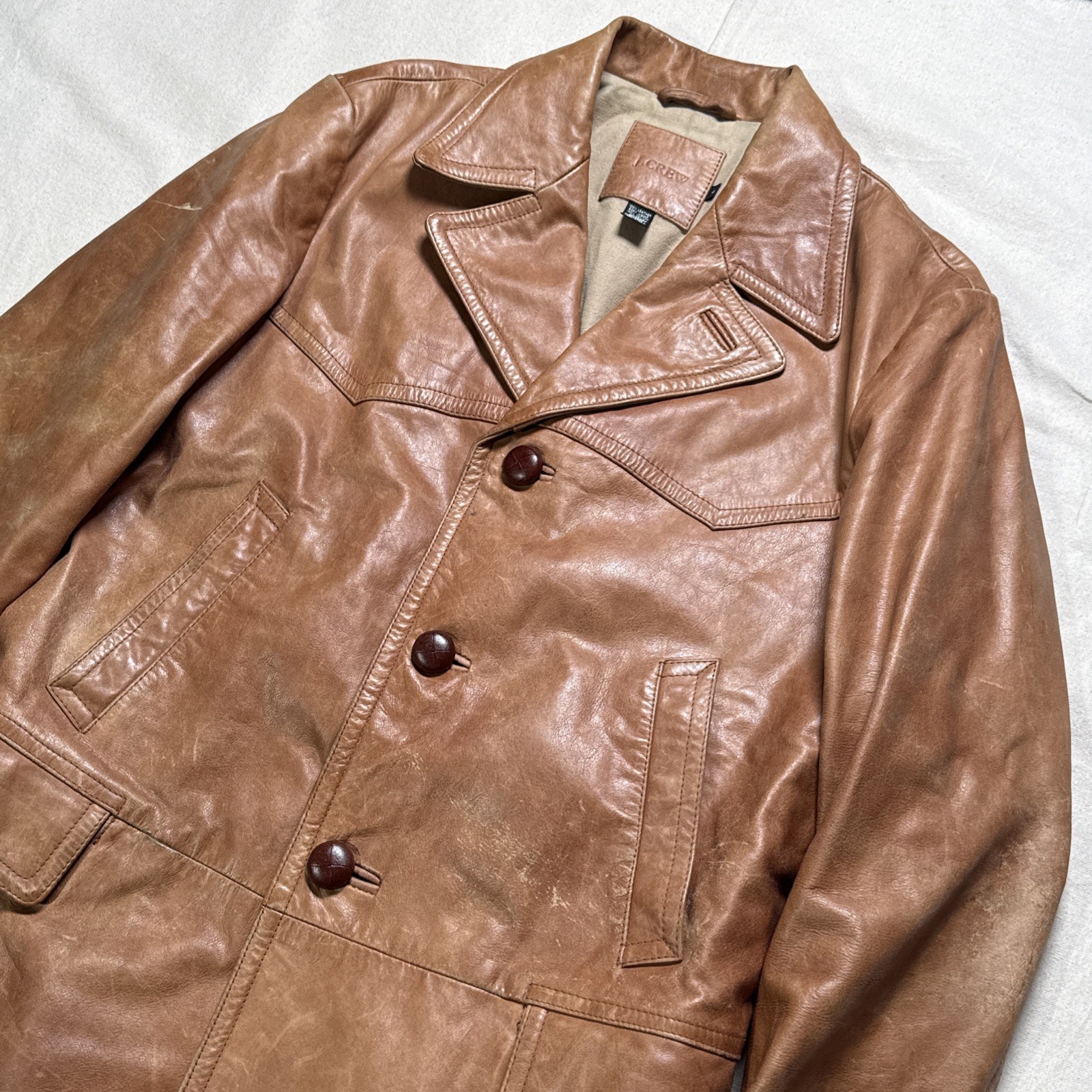 Vtg J. CREW 90s Leather Mens Jacket Distressed Buckle Back Sz S Moleskin Liner
