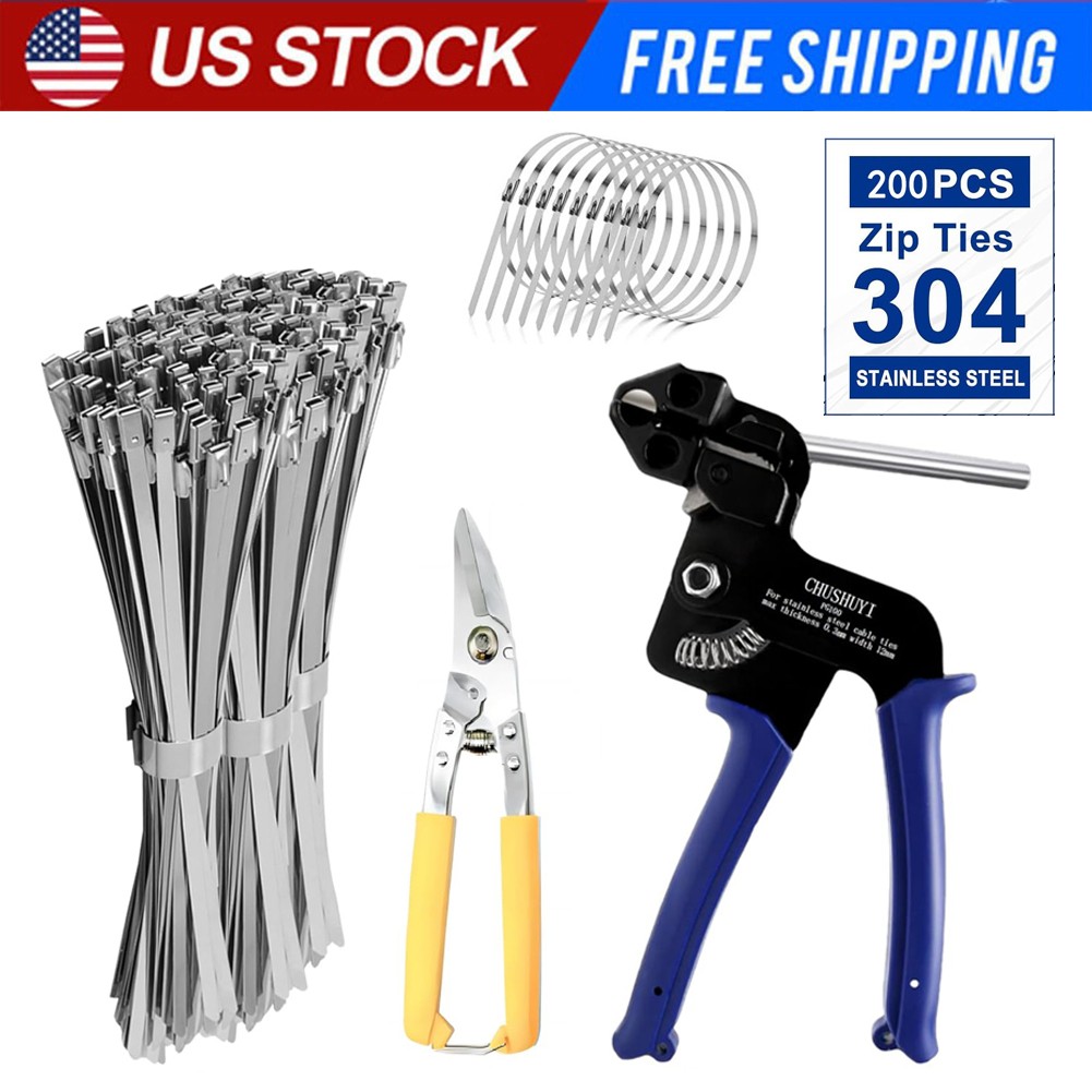 Heavy Duty Metal Zip Ties Stainless Steel Cable Tie Gun Tool Kit 200PCS Zip Ties