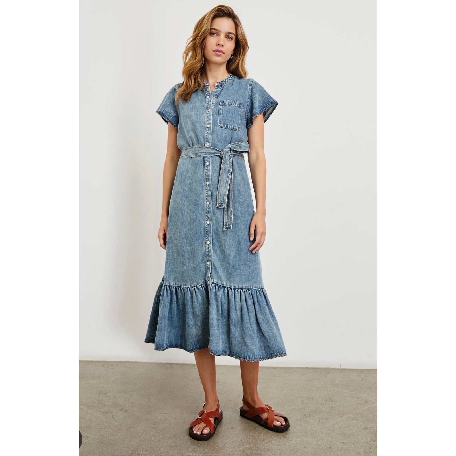 Rails Kahlo Ruffle Hem Denim Midi Dress Mid-Blue Wash Size Medium