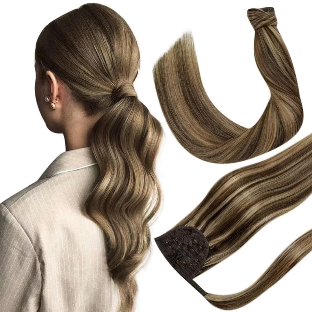 Hetto Ponytail Extension Human Hair Highlights Brown Blonde 18Inch 80g
