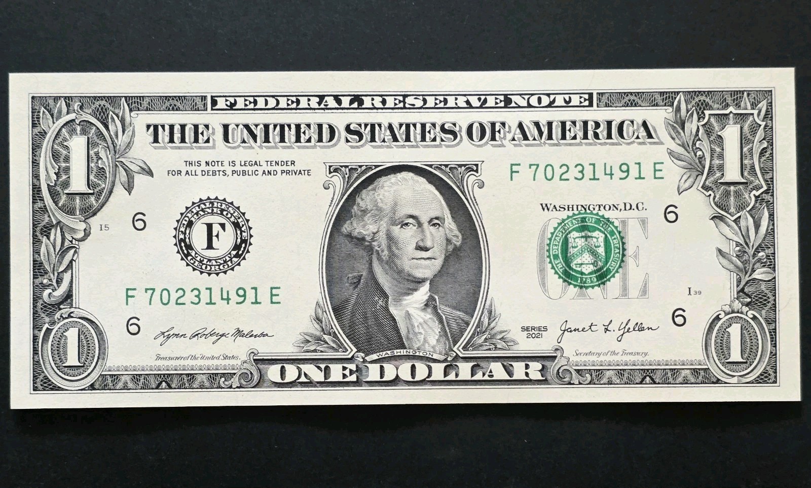 0888-Fancy Error $1 Bill-Series 2021-Third Print Treasury Seal Shift Anomaly UNC