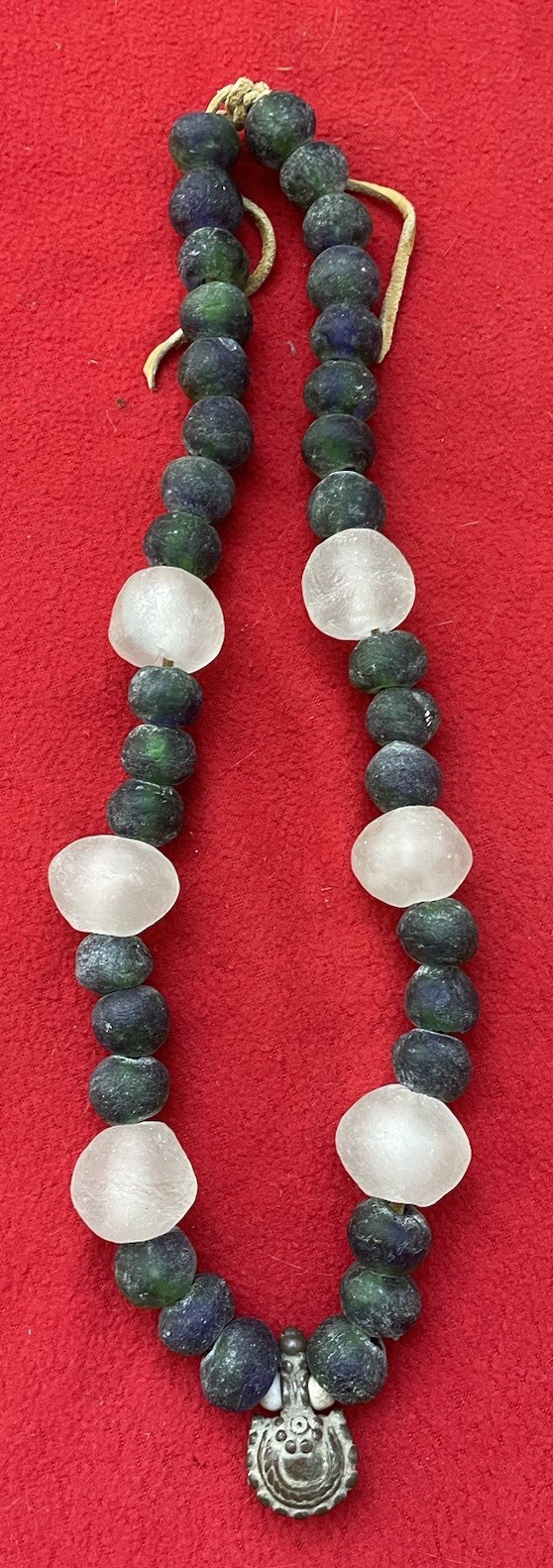 Magnificent Old African Large Glass Bead Necklace With Bronze Bell Amulet
