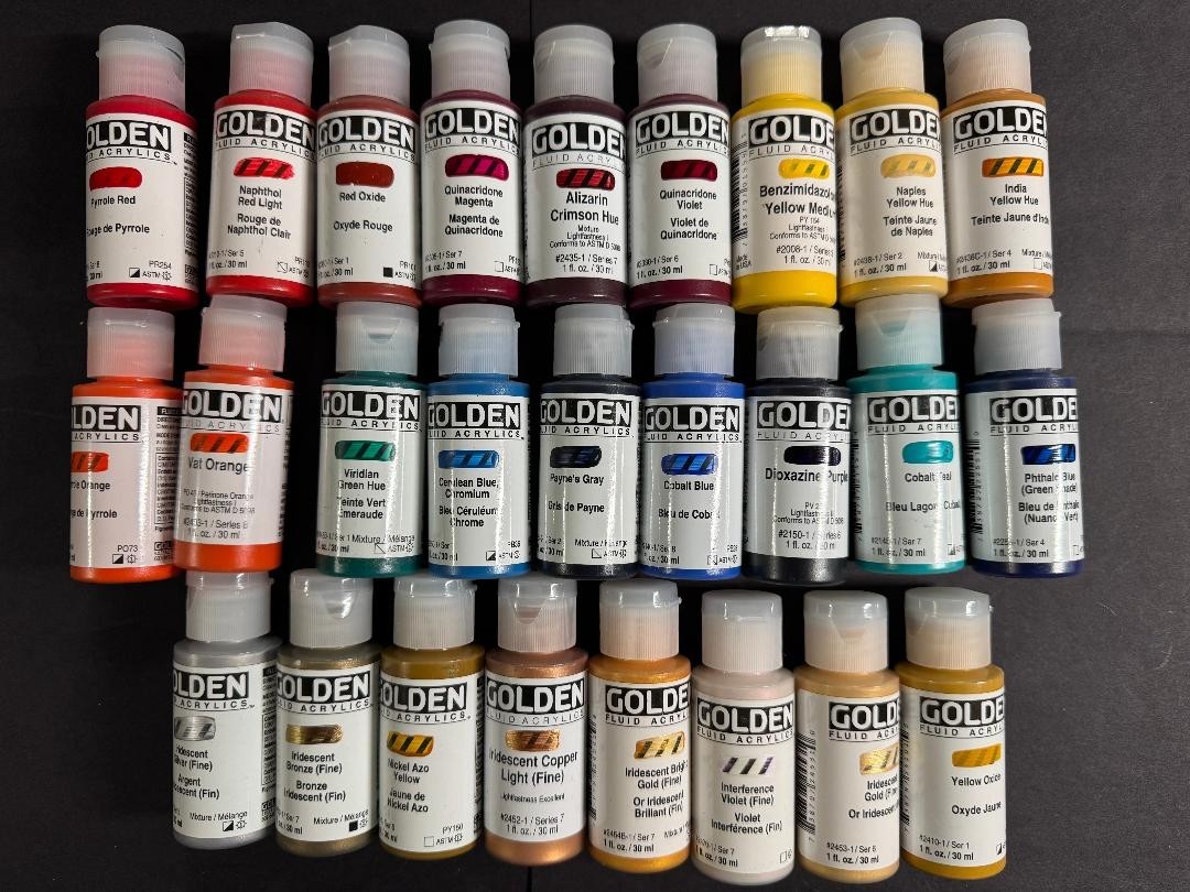 Golden Fluid Acrylics Paints Diverse Palette 1oz - Lot of 26 different colors Golden Fluid Acrylics Paints Diverse Palette 1oz - Lot of 26 different colors