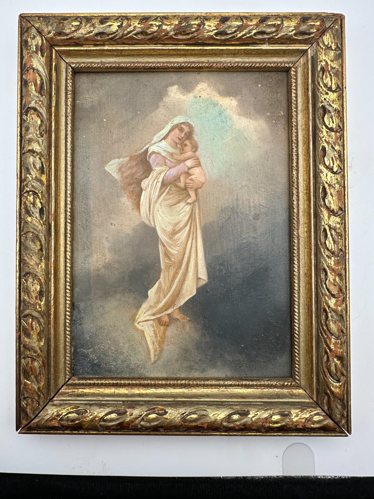 Antique c1900 Eine Vision Madonna Child Oleograph Gilt Frame Bodenhausen 7x9