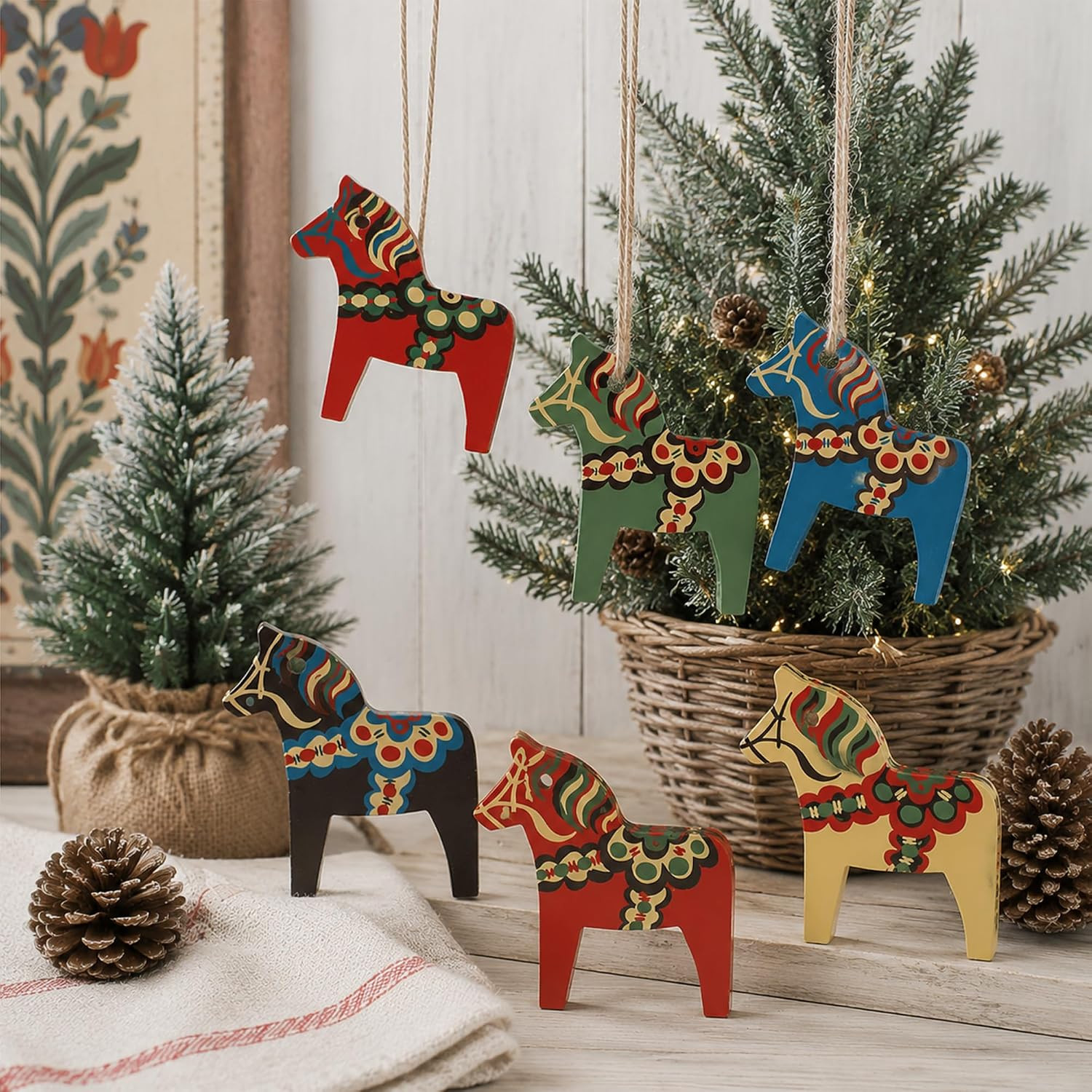 Dala Horse Swedish Christmas Decorations 6 PCS Double-Sided Wooden Dala Horse Or