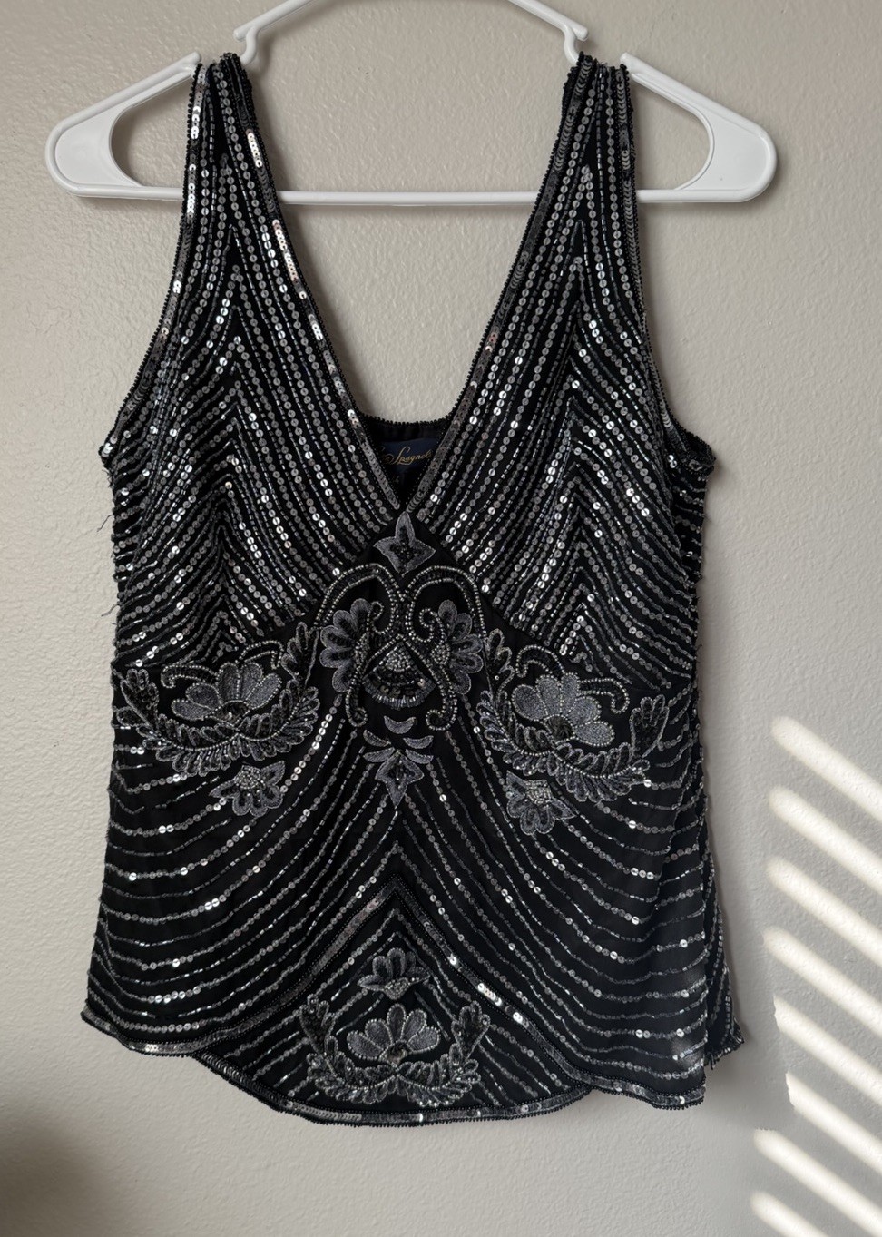 NWT Luisa Spagnoli Beaded Silk Top Size 44 Black Silver Sequin Art Deco Gatsby