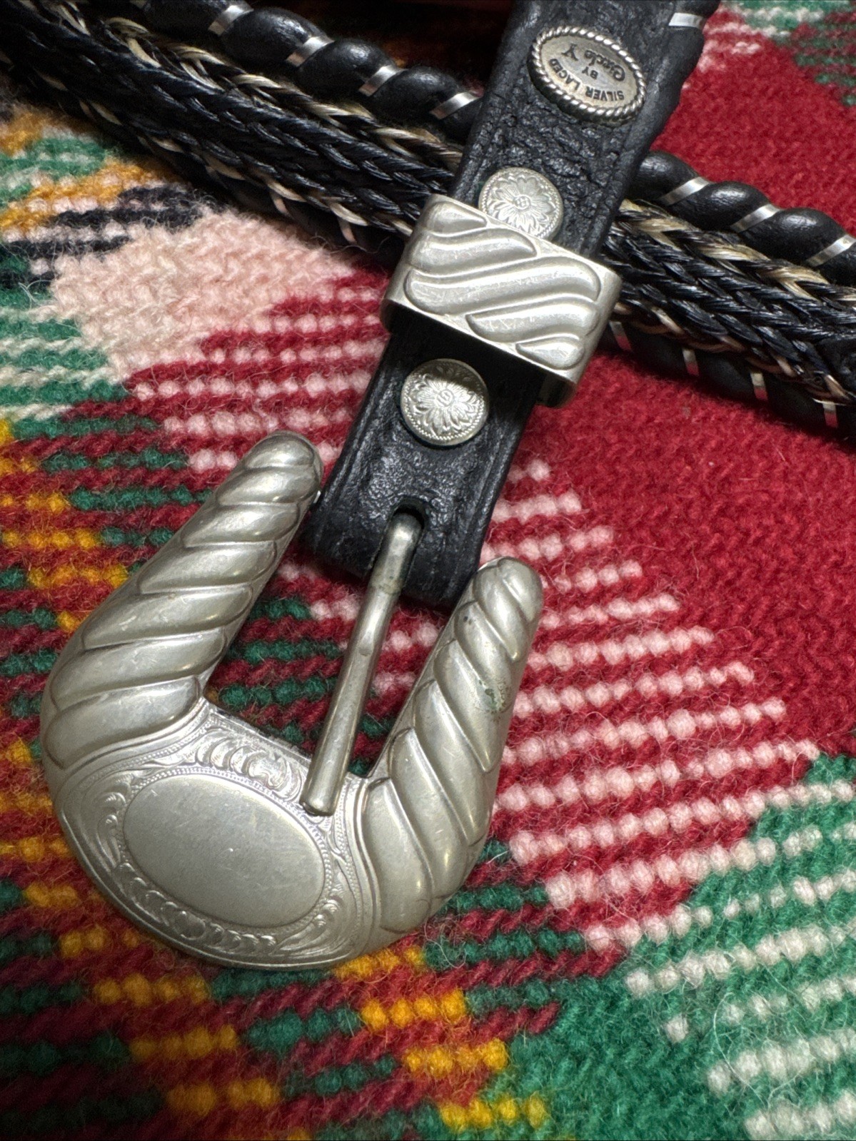 vintage Al Beres black Western Horse Hair Leather Belt German Silver Buckle