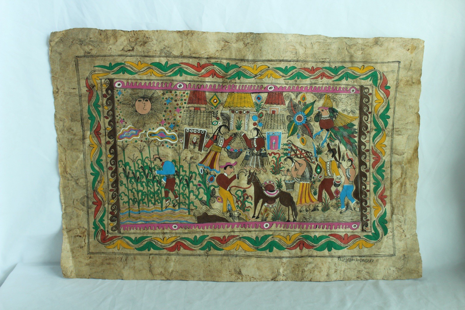 Vintage Mexican Amate Bark Paper Folk Art Painting Signed Telesforo Rodriguez
