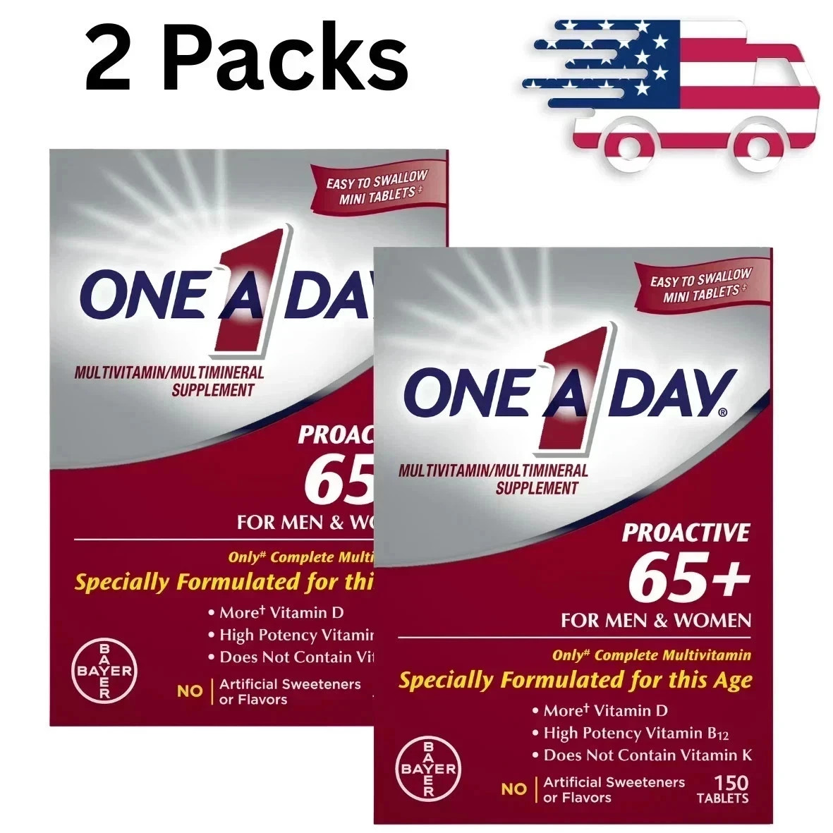 2 Packs - One A Day Proactive 65+ Multivitamin Tablets for Men and Women, 150ct 2 Packs - One A Day Proactive 65+ Multivitamin Tablets for Men and Women, 150ct