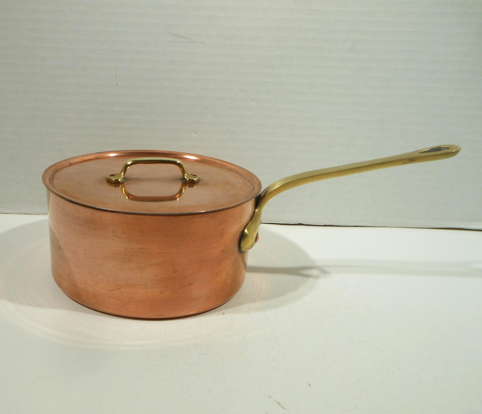 VTG WALDOW #16 COPPER SAUCE POT & LID TIN LINING BRASS HANDLE USA VGC