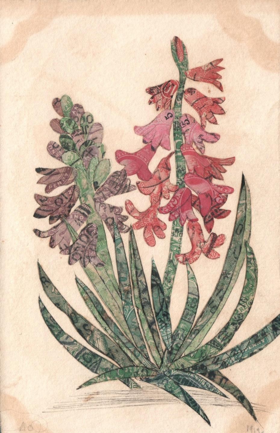 1912 Antique Stamp Collage Postcard Hyacinth Flowers French Back UK US Stamps