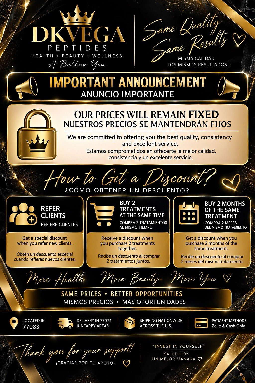 DKVEGA Peptides Important Announcement Promo Flyer Same Quality, Prices Fixed