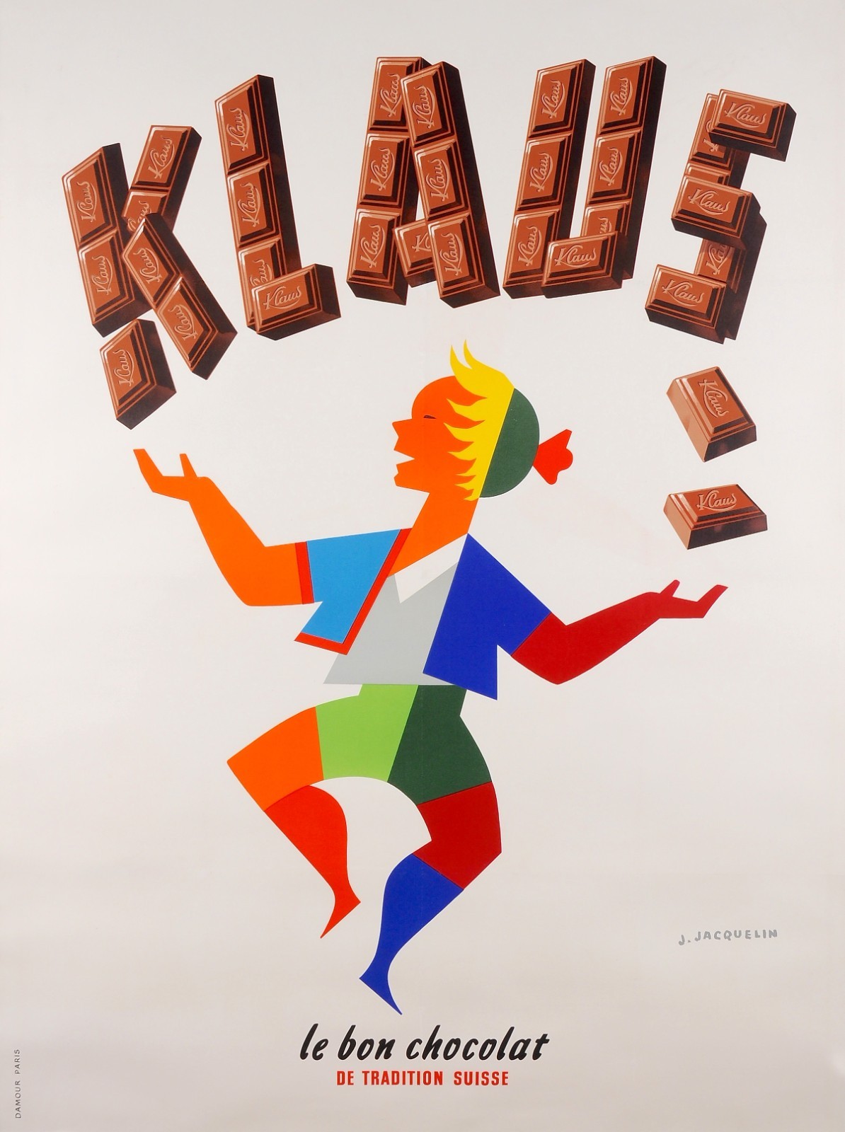 RARE Original Vintage French Klaus Swiss Chocolate Poster Jean Jacquelin c. 1950