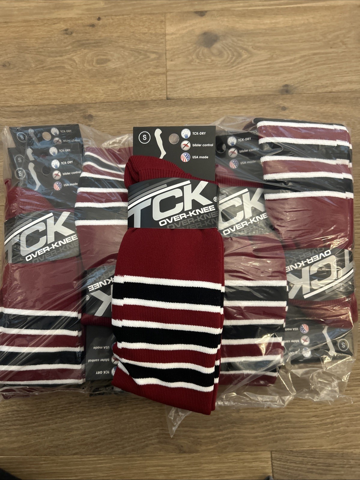 TCK Over The Knee Socks, 12 Cardinal Red with Black/white Stripes, Size Small TCK Over The Knee Socks, 12 Cardinal Red with Black/white Stripes, Size Small