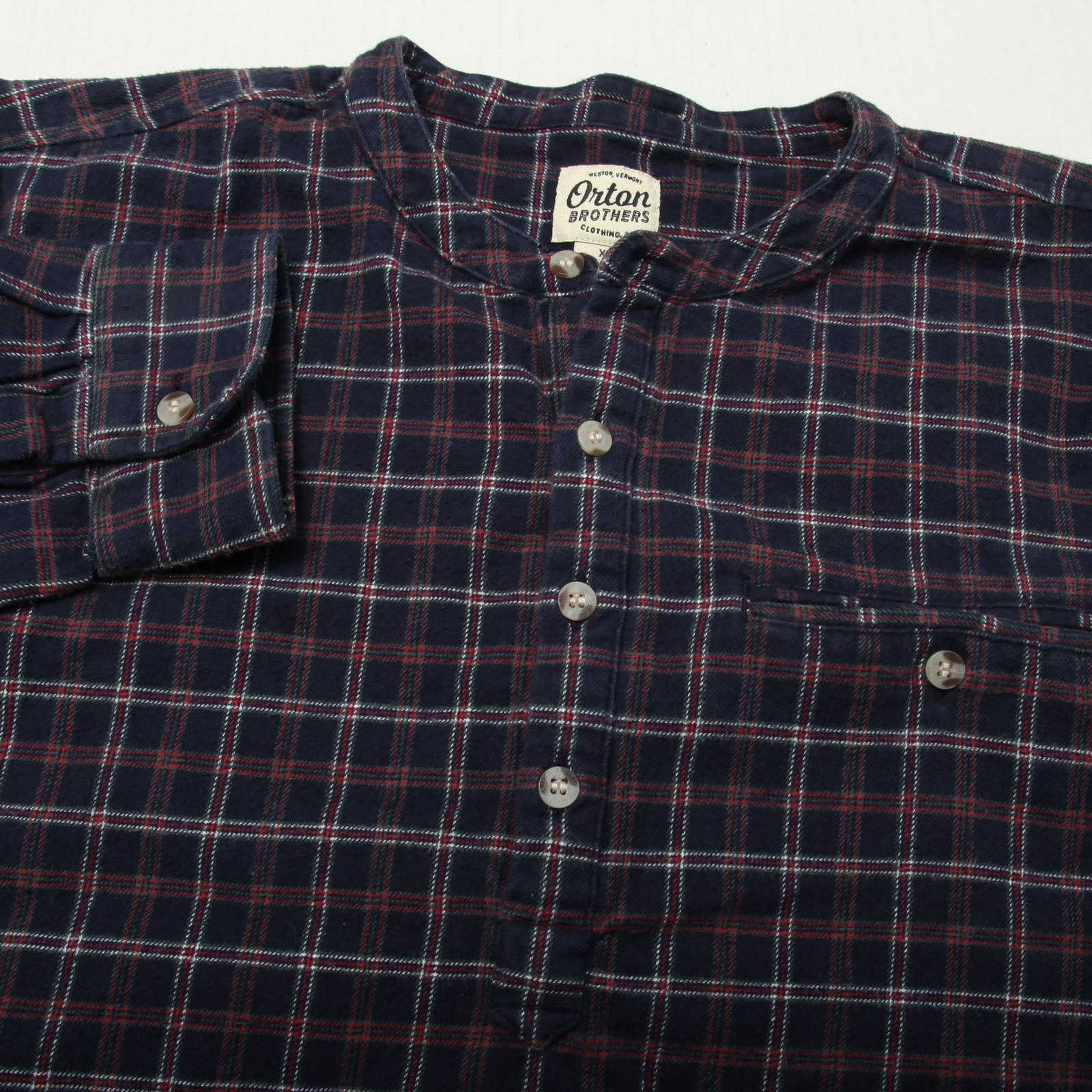 Orton Brothers Sunday Shirt Mens XL Navy Plaid Flannel Henley Band Collar
