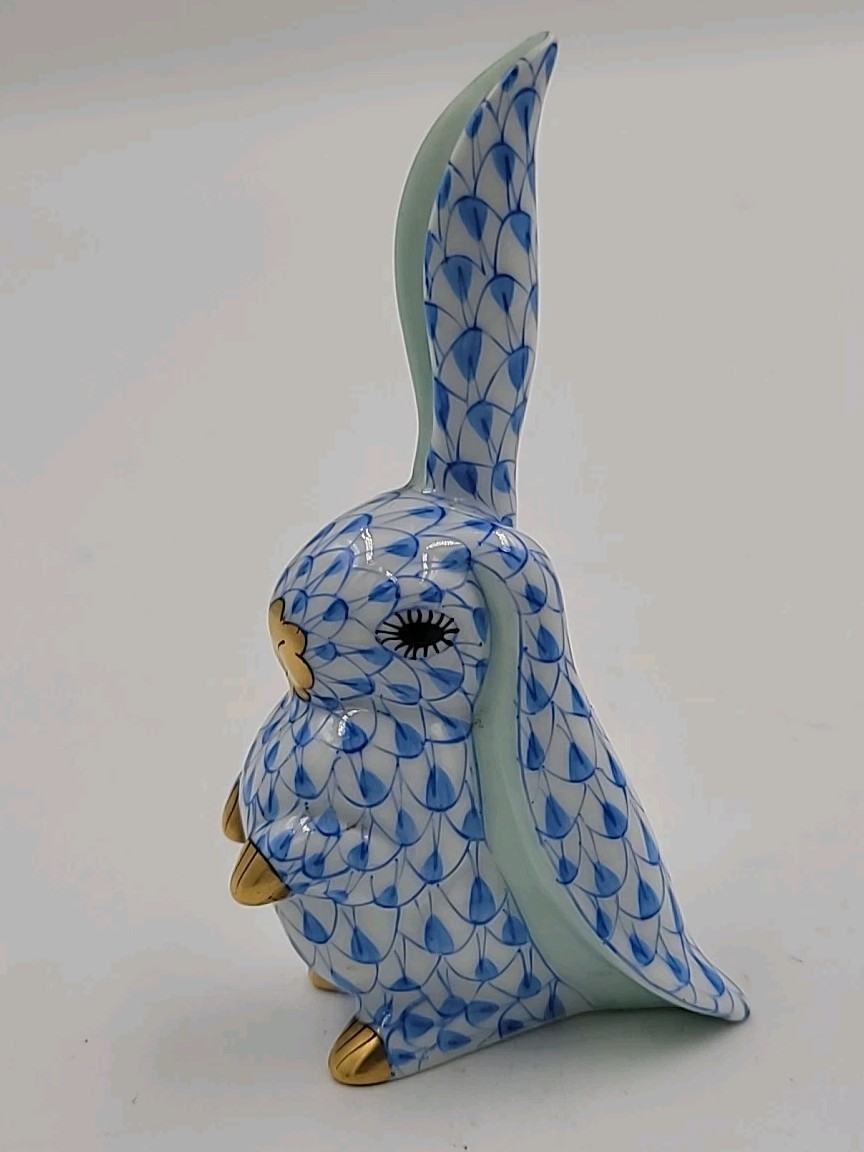 Herend Blue Fishnet Hand Painted Porcelain Bunny with One Ear Up. 4