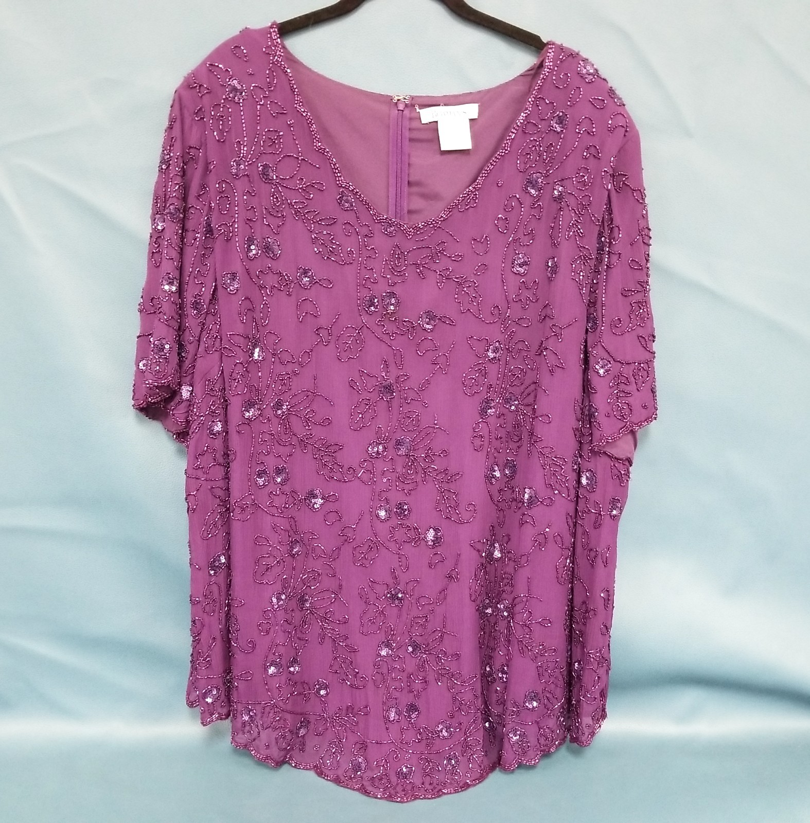 VTG Roaman\'s Purple Beaded Silk Short Sleeve Top Women\'s SZ 28W