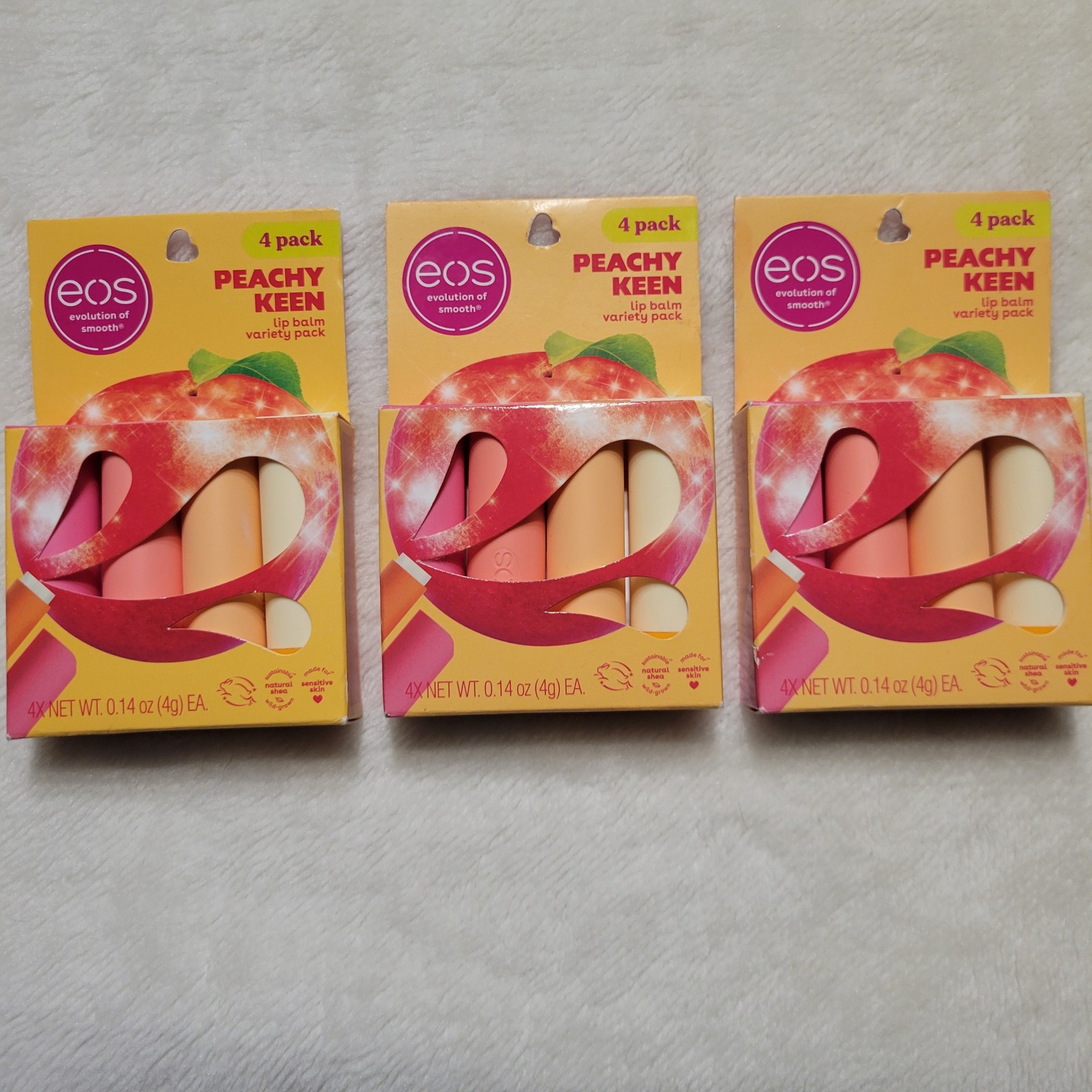 EOS Peachy Keen Lip Balm 4-Pack Lot of 3 (12 Balms) New Sealed Variety