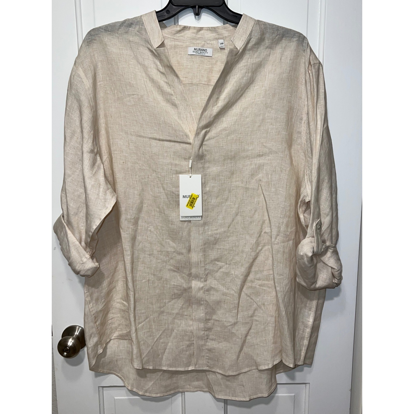 Murano Baird McNutt Mens 2XB Beige 100% Linen Band Collar Roll Tab Shirt NWT