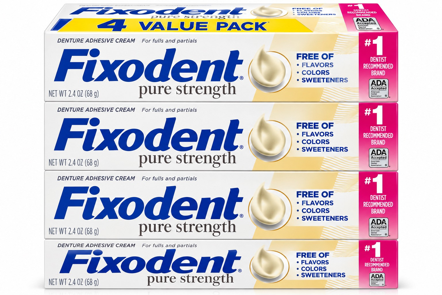 4x Fixodent Pure Strength Secure Denture Adhesive Cream Strong Hold 2.4 Oz