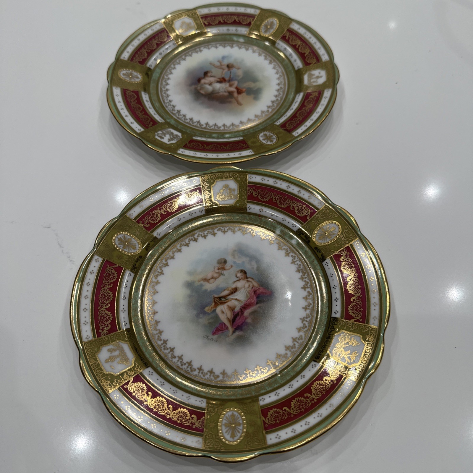 Pair Of Antique Royal Vienna style mythological scenes Cherubs 7 3/4 “ Gilt