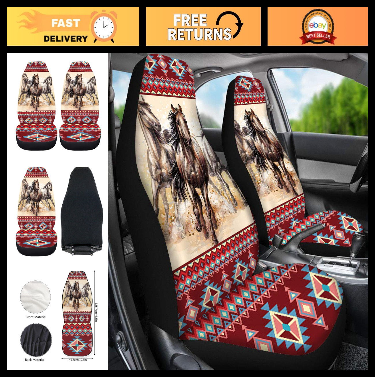 Tribal Horse Navajo Print Car Seat Covers - Universal 2pc Vehicle Protector, Aut