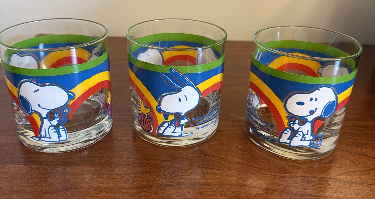 Vintage SNOOPY & WOODSTOCK Rainbow SCHULZ Peanuts Characters Corp Glasses lot Vintage SNOOPY & WOODSTOCK Rainbow SCHULZ Peanuts Characters Corp Glasses lot