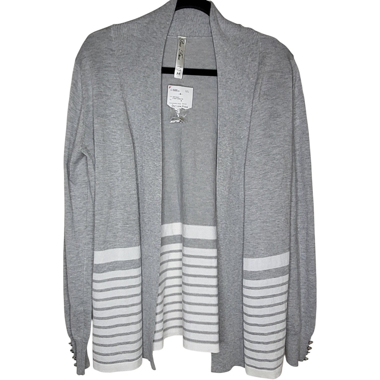 NWT Pina Rossi Gray White Knit Cardigan Sweater Striped Open Front  M Women\'s