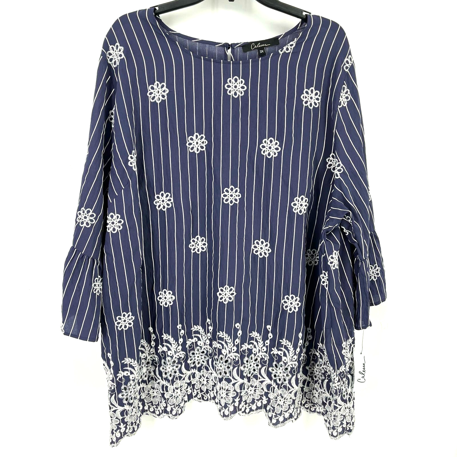 New Calessa Blue Stripe Embroidered Floral Tunic Top Shirt Womens Size Large New Calessa Blue Stripe Embroidered Floral Tunic Top Shirt Womens Size Large
