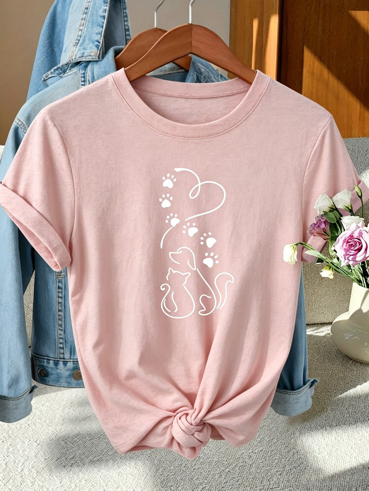 Women\'s T‑Shirt Pet Mom Cat Dog Line Drawing Art Print Casual Versatile Tee Top