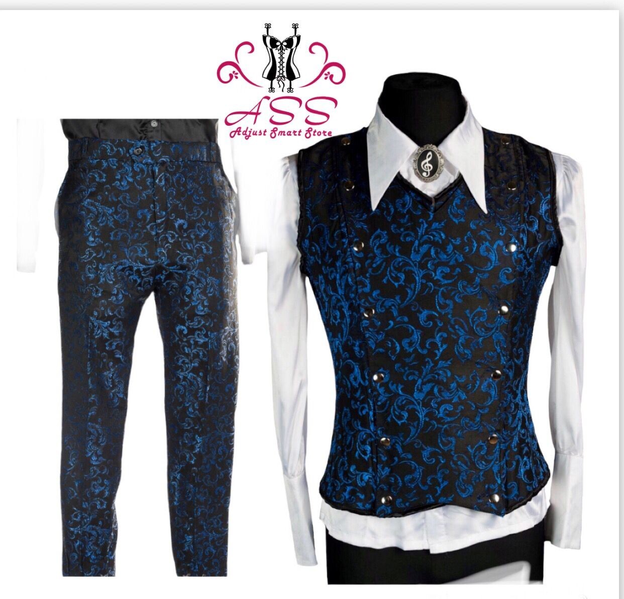 CORSET VEST MEN LUXURY STEEL BONED BROCADE GULL SUIT CADUAL CORSET VEST AND PANT