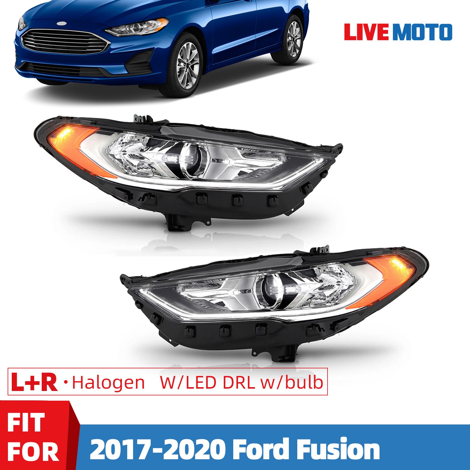 For 2017-2020 Ford Fusion Halogen Headlight w/ LED DRL w/ Bulb Left& Right Pair For 2017-2020 Ford Fusion Halogen Headlight w/ LED DRL w/ Bulb Left& Right Pair