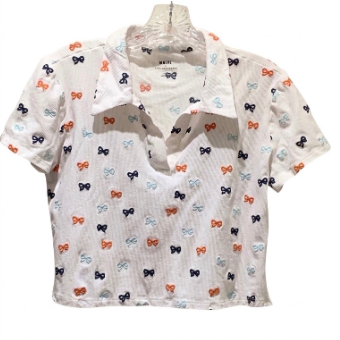 Maeve Anthropologie Polo Shirt Womens L Embroidered Bow Cropped Tennis Prep