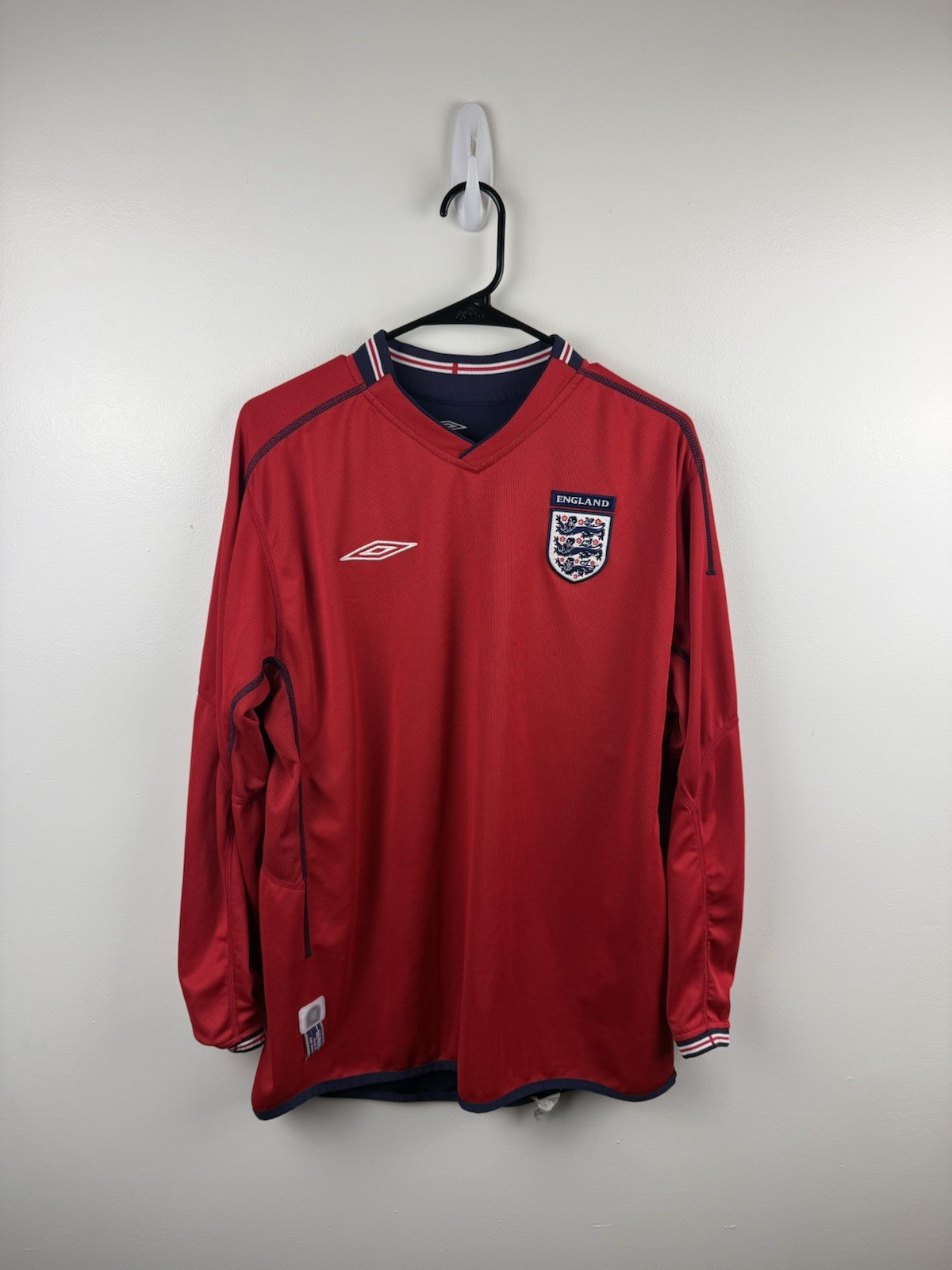 Umbro England Away Soccer Jersey Men Red Long Sleeve 2002 2004 Football Sz Large