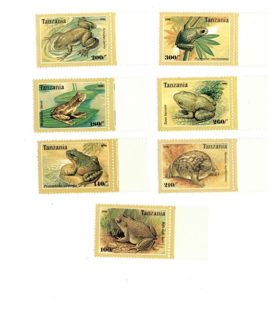 Tanzania 1996 - Frogs - Set of 7 Stamps - Scott #1453-9 - MNH Tanzania 1996 - Frogs - Set of 7 Stamps - Scott #1453-9 - MNH