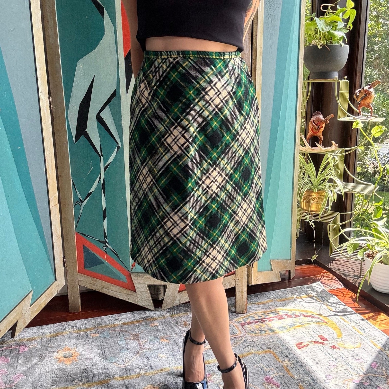 1960s Green Tartan Plaid Wool A-Line Midi Skirt XS/SM