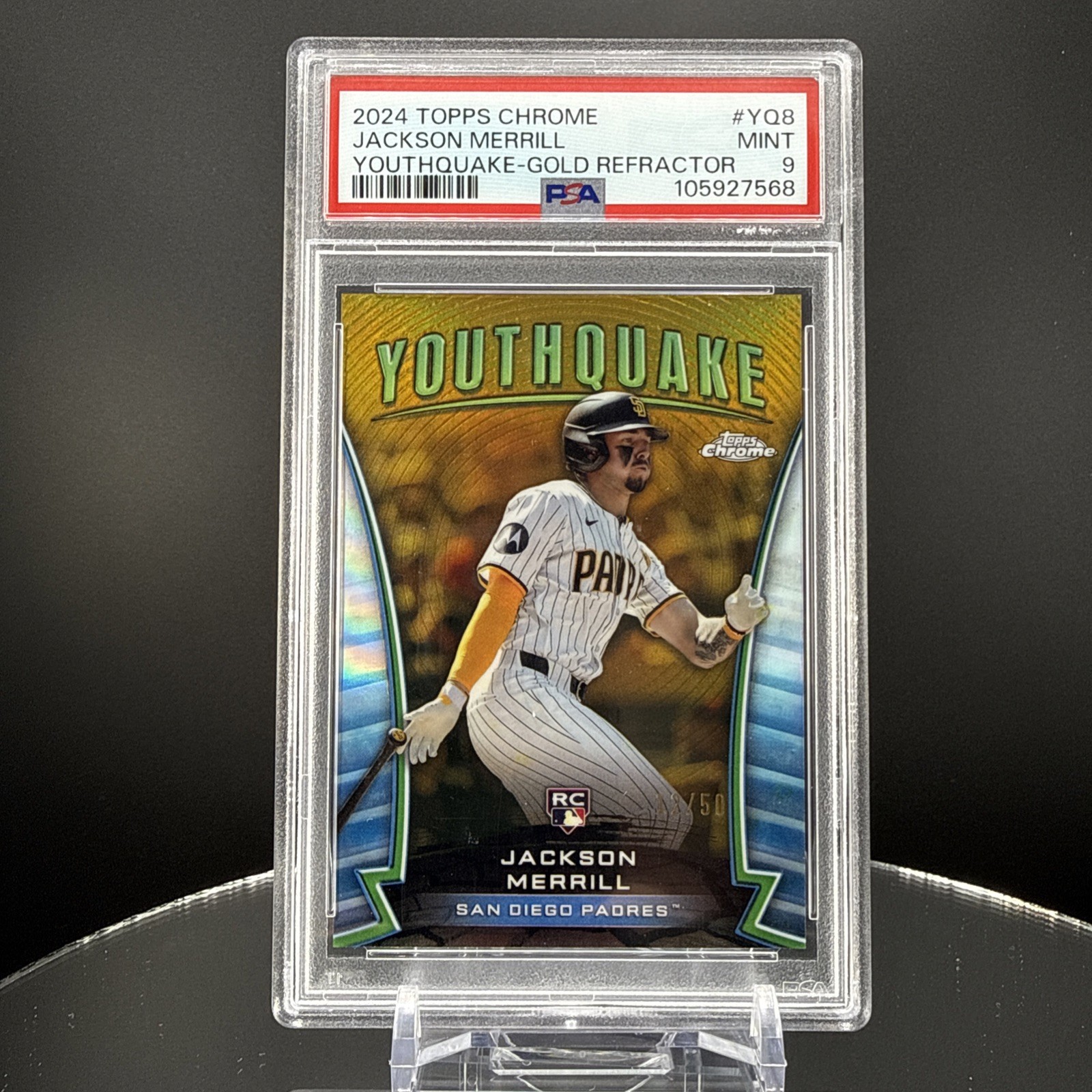 2024 Topps Chrome Jackson Merrill Youthquake Gold Refractor /50 PSA 10 #YQ-8 RC 2024 Topps Chrome Jackson Merrill Youthquake Gold Refractor /50 PSA 10 #YQ-8 RC
