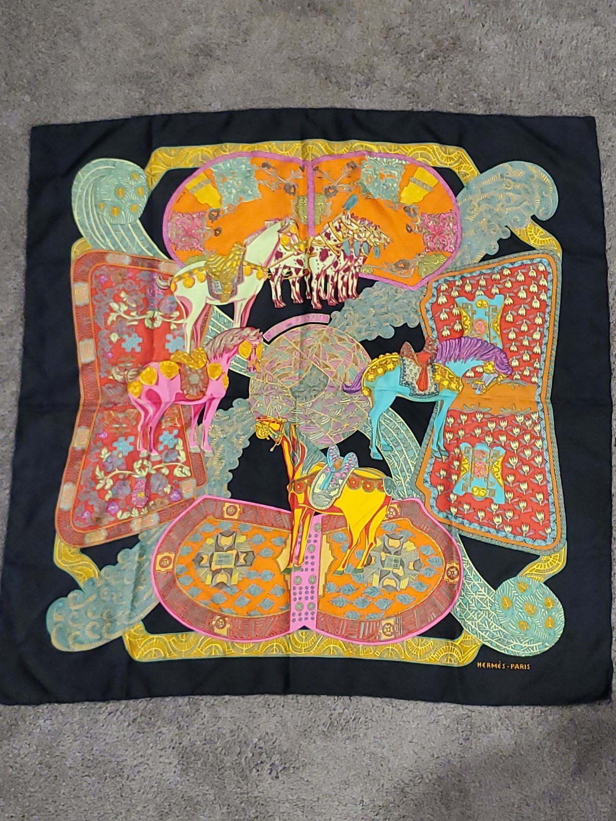 Hermes Art des Steppes 100% Silk Scarf Black Orange Annie Faivre Vintage 1991