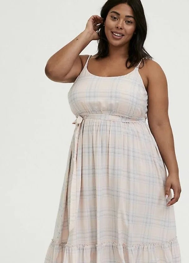 Torrid Light Pink & Blue Plaid Challis Tie Shirred Midi Dress NWT 1X 14-16