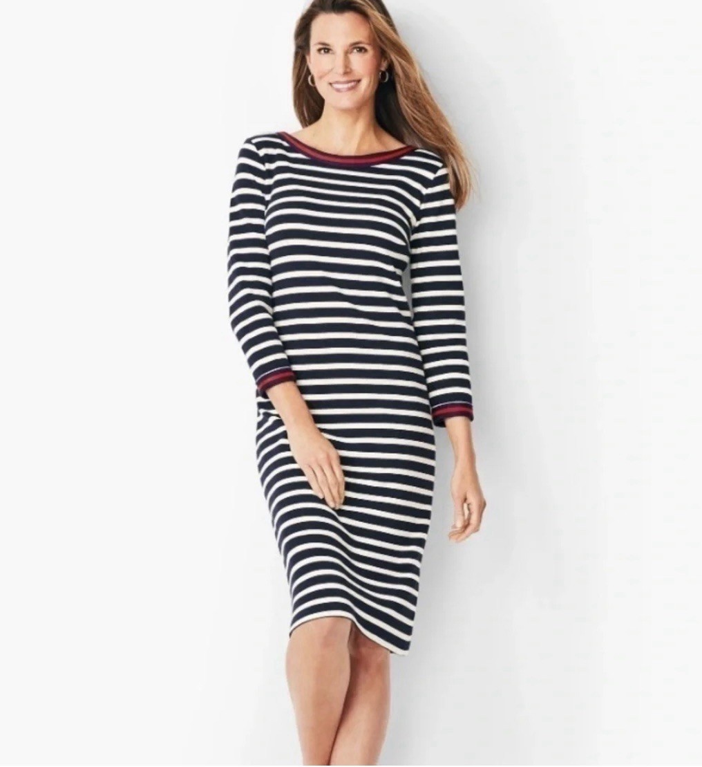 NWT Talbots Women’s Size M Blue Striped Round Neck 3/4 Sleeve Pullover Dress NWT Talbots Women’s Size M Blue Striped Round Neck 3/4 Sleeve Pullover Dress