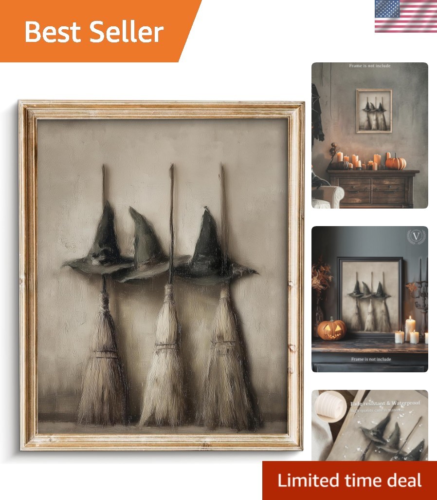 Vintage Witch Hats and Brooms Print, Spooky Gothic Halloween Decor, Halloween... Vintage Witch Hats and Brooms Print, Spooky Gothic Halloween Decor, Halloween...