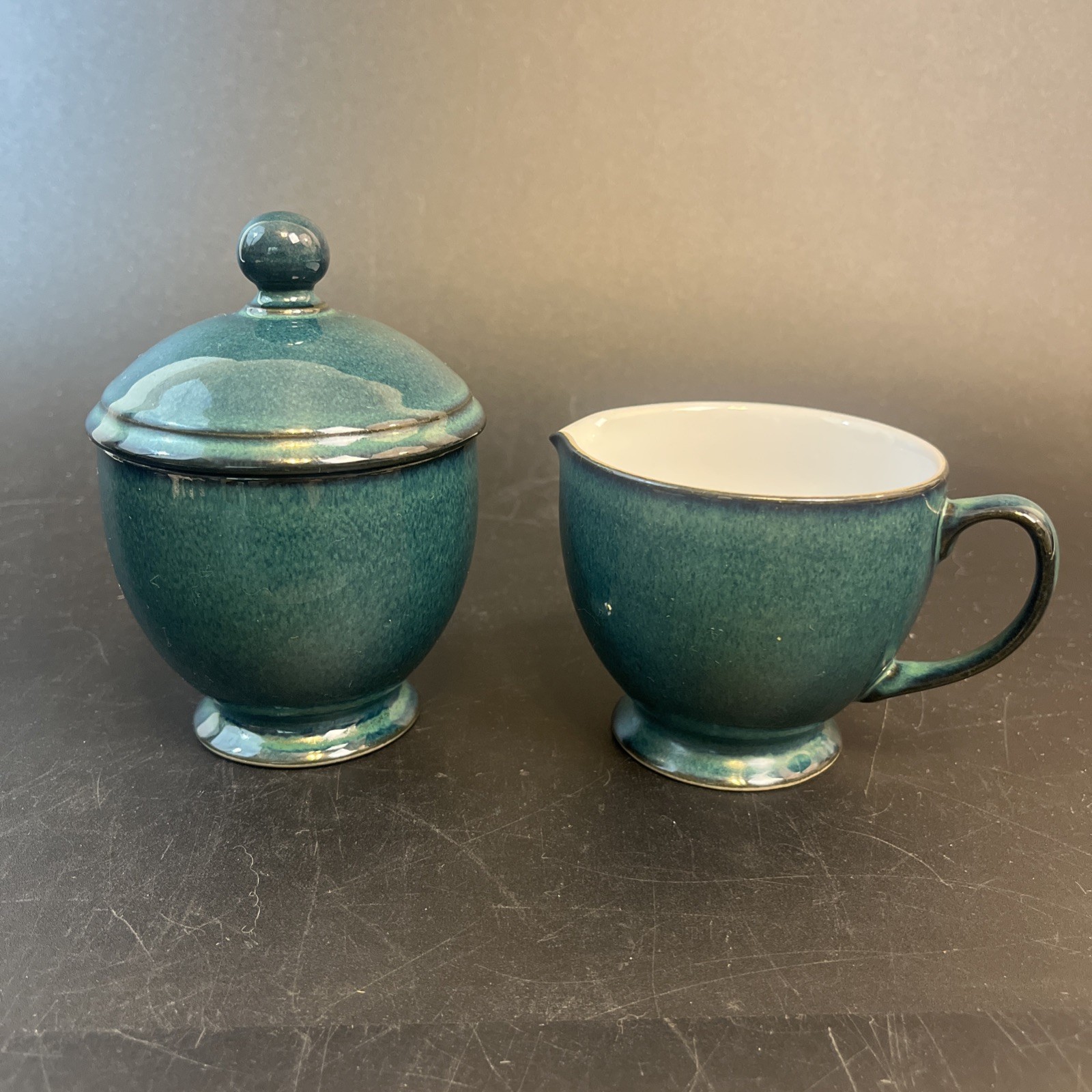 Vtg Denby Greenwich England Stoneware Creamer Cream Sugar Lidded Bowl Green Set Vtg Denby Greenwich England Stoneware Creamer Cream Sugar Lidded Bowl Green Set