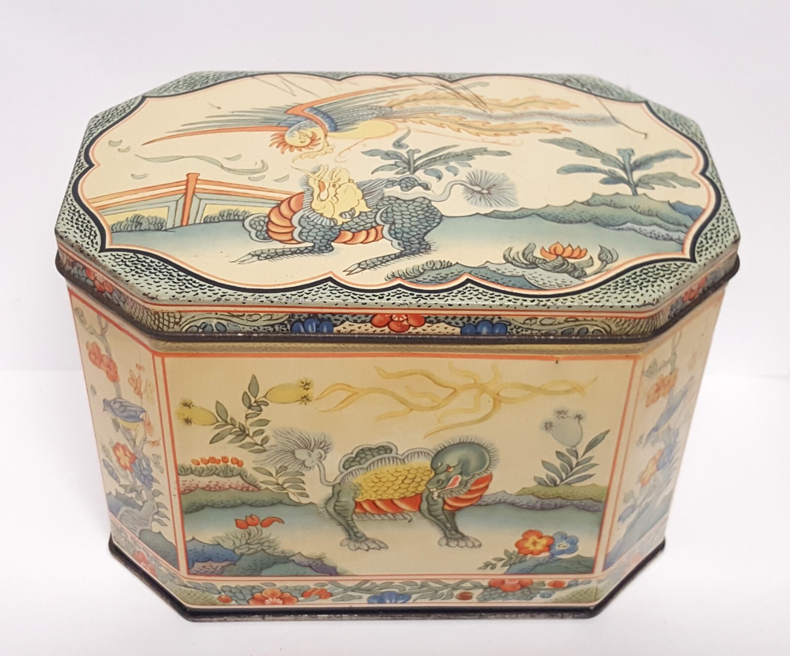 Antique 1930s Huntley & Palmers Biscuit Tin Litho Dragon and Phoenix Hinged Lid