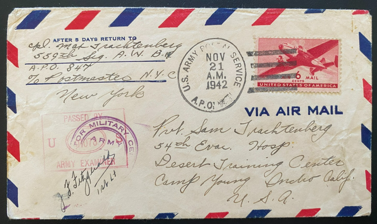 1942 WW2 Censored Mail APO 847 Postmark Army Examiner Signed Lt Cover  8-27