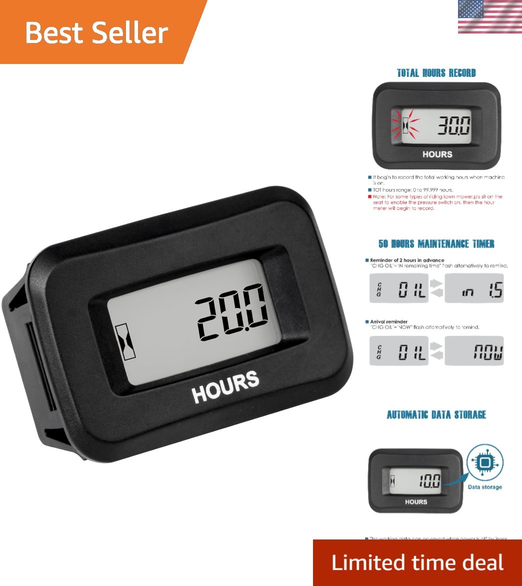 Digital Waterproof Hour Meter - Tracks 99,999 Hours for Lawn Mowers & Forklifts