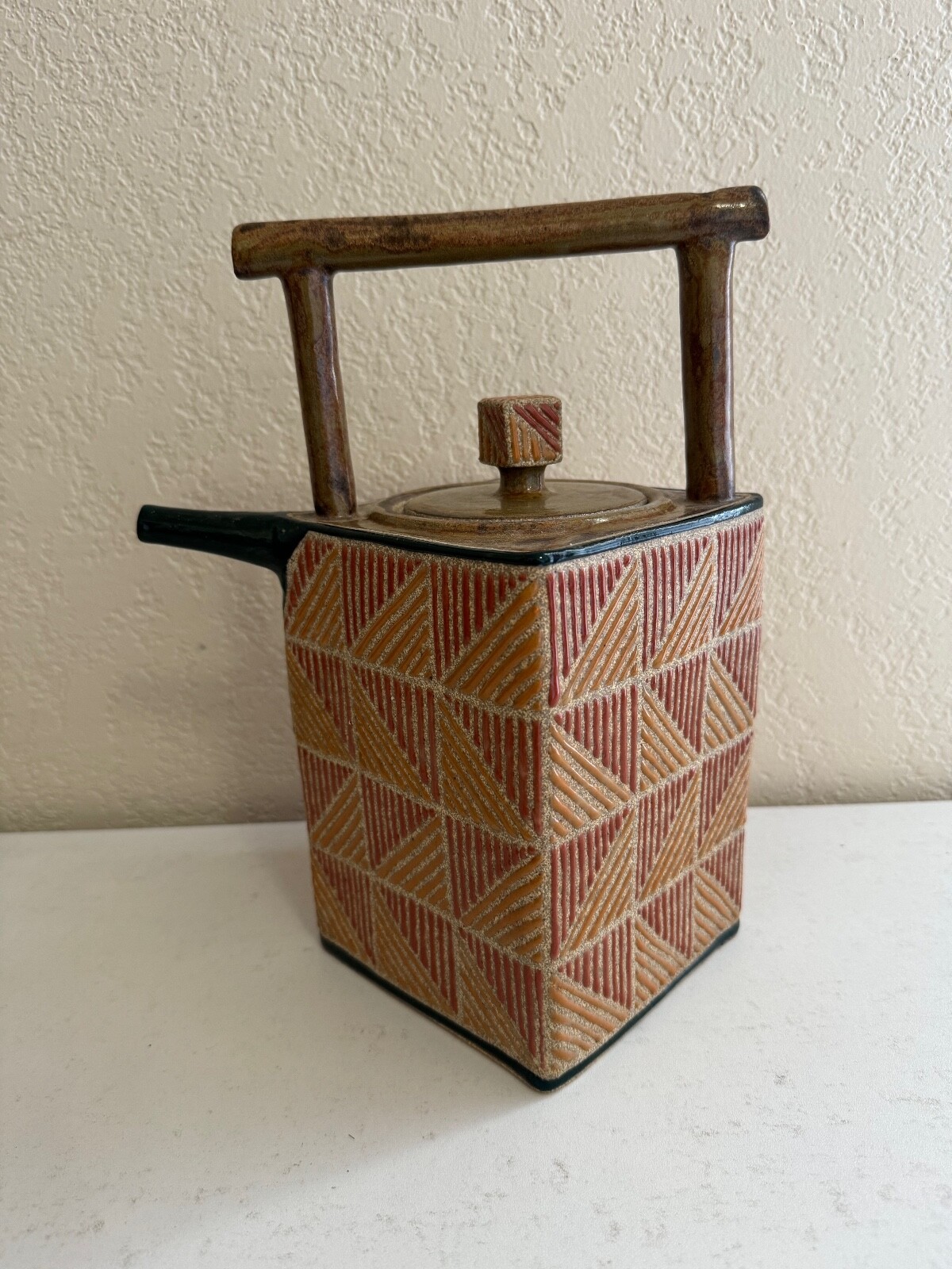 Cathra Anne Barker Santa Fe New Mexico 2001 Signed Pottery Teapot Geometric