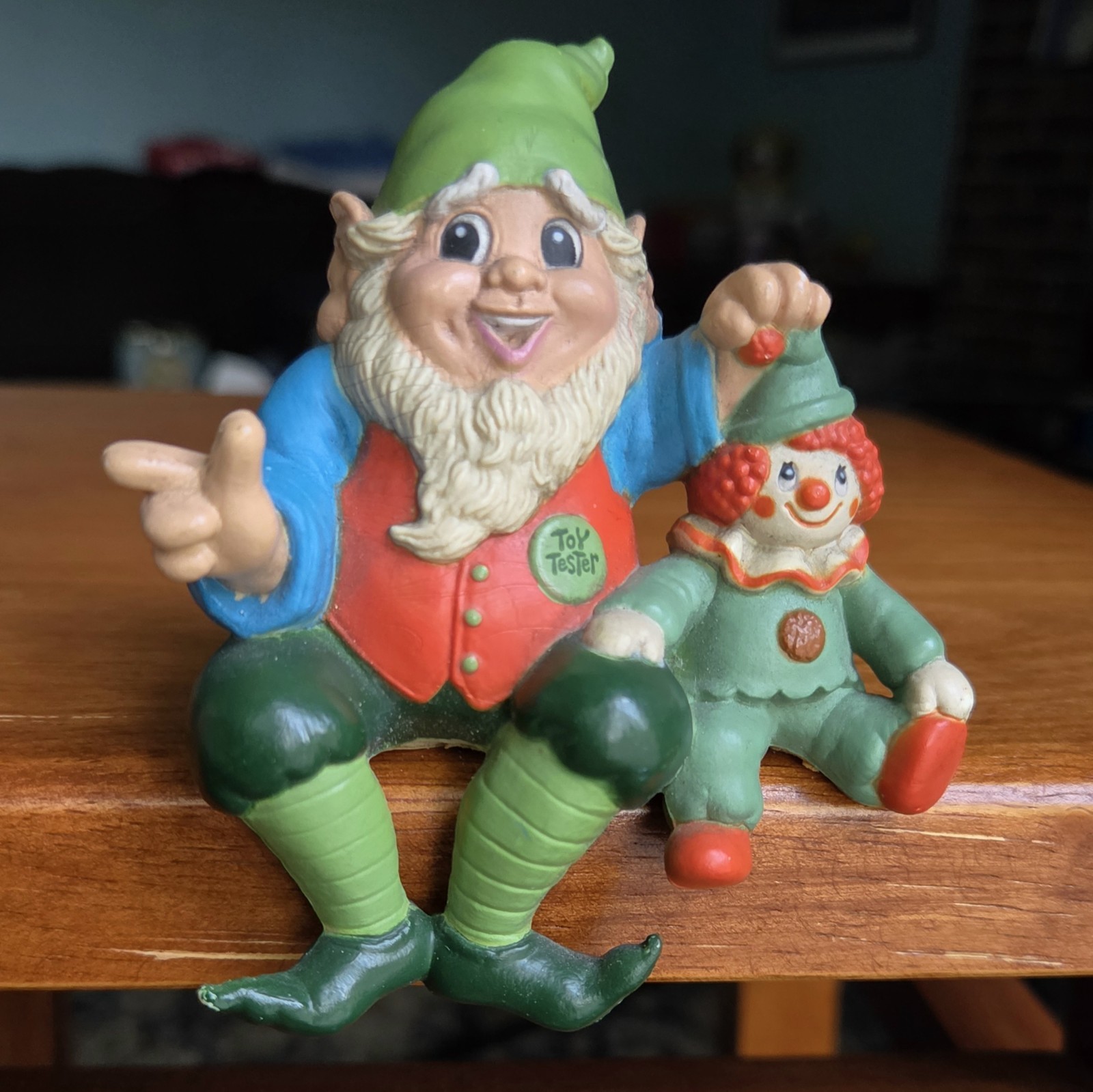 Vintage Enesco Elf w/Clown shelf sitter Toy Tester Figure - Pointing Finger Gun