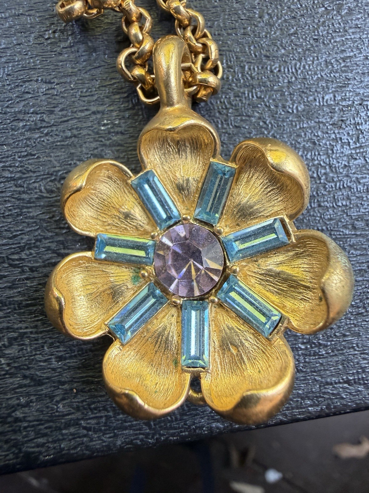 Vintage Trifari Gold Tone Flower Necklace with Teal Rhinestone